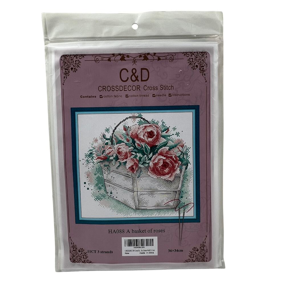 C&D Cross Stitch Kit Basket of Roses Floral 36x34cm DIY Embroidery NEW